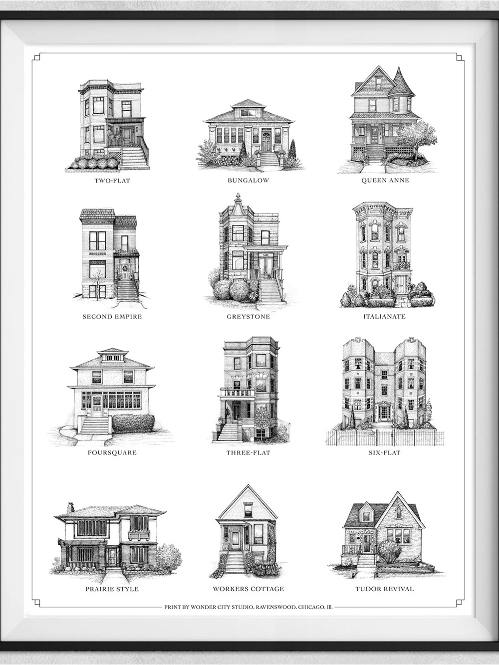 Chicago Homes Black & White Architectural Art Print -